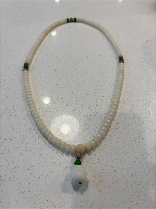 Jewelry - White Jade Bodhi Root 108 Mala Prayer Bead Necklace Lotus Charm Zen Yoga